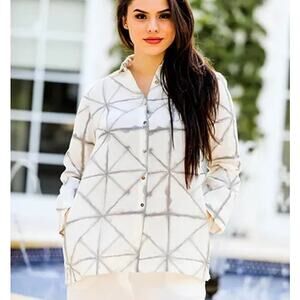 iLINEN LIFESTYLE White Gray Linen Shirt Womens XL Lagenlook